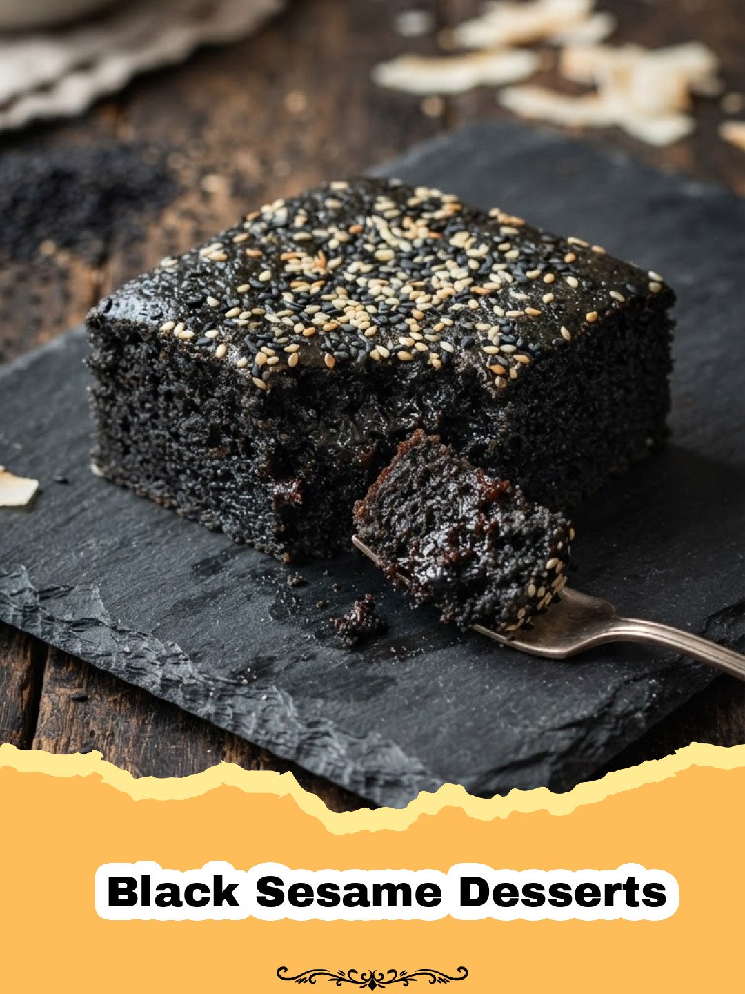 The Ultimate Guide to Irresistible Black Sesame Mochi Cake: A Chewy, Nutty Delight 3 Black Sesame Desserts - Slice of black sesame mochi cake on a white plate with a fork