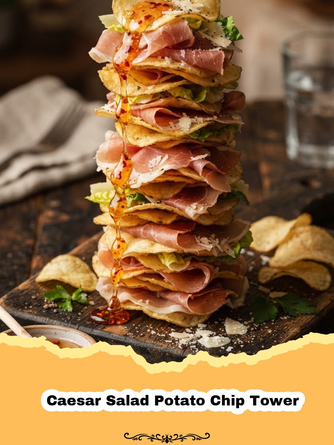 The Ultimate Showstopper: Caesar Salad Potato Chip Tower 3 An impressive stack of crispy potato chips layered with vibrant romaine lettuce, creamy Caesar dressing, and delicate Parmesan shavings, creating a stunning Caesar Salad Potato Chip Tower on a white plate.