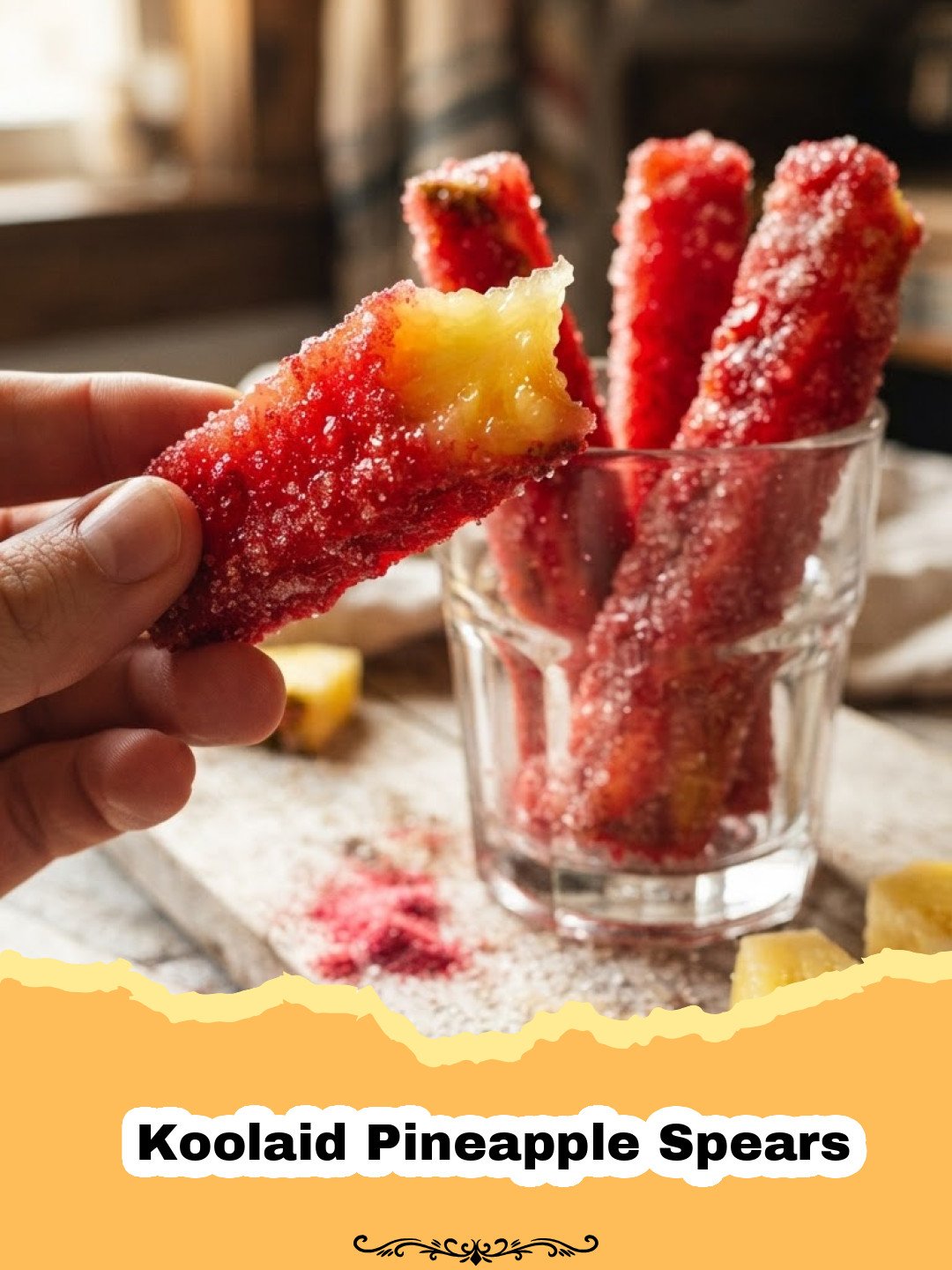 The Viral Sweet-Tart Sensation: How to Make Koolaid Pineapple Spears at Home 3 Vibrant red and purple Koolaid Pineapple Spears arranged on a white platter, glistening and ready to eat.