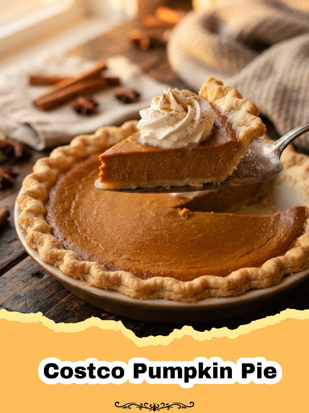 Costco Pumpkin Pie - A large, perfectly baked Costco-style pumpkin pie with a golden crust, ready to be sliced and served.