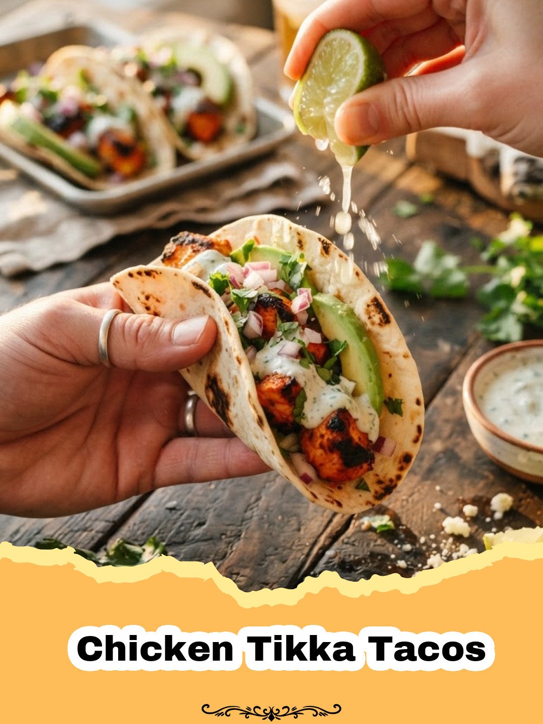 Close-up of three vibrant Chicken Tikka Tacos topped with pickled red onions and fresh cilantro, served on a rustic plate.