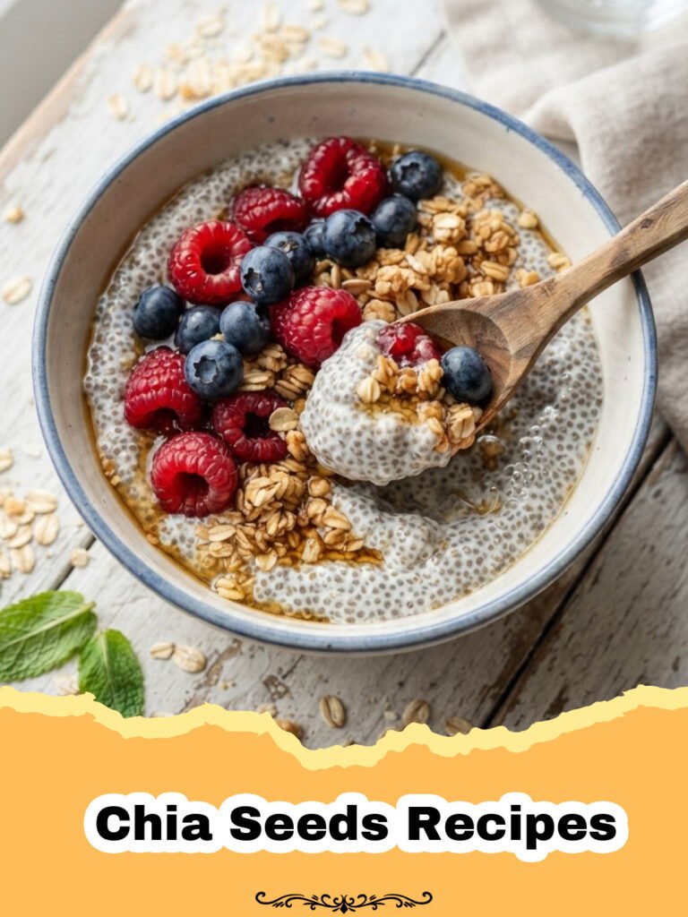 Chia Seeds Recipes - Creamy coconut chia pudding topped with fresh blueberries and raspberries in a glass jar.