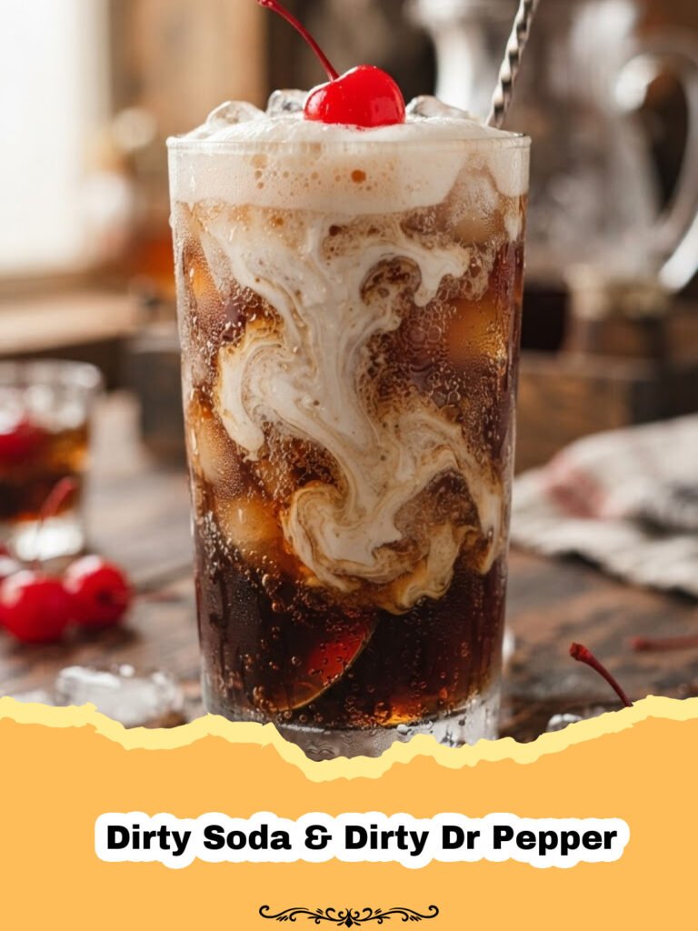 The Ultimate Guide to Making the Viral Dirty Soda & Dirty Dr Pepper at Home 5 Dirty Soda & Dirty Dr Pepper - A tall glass filled with ice, Dr Pepper, coconut creamer creating a 'dirty' swirl, and a lime wedge on the rim, on a light background.