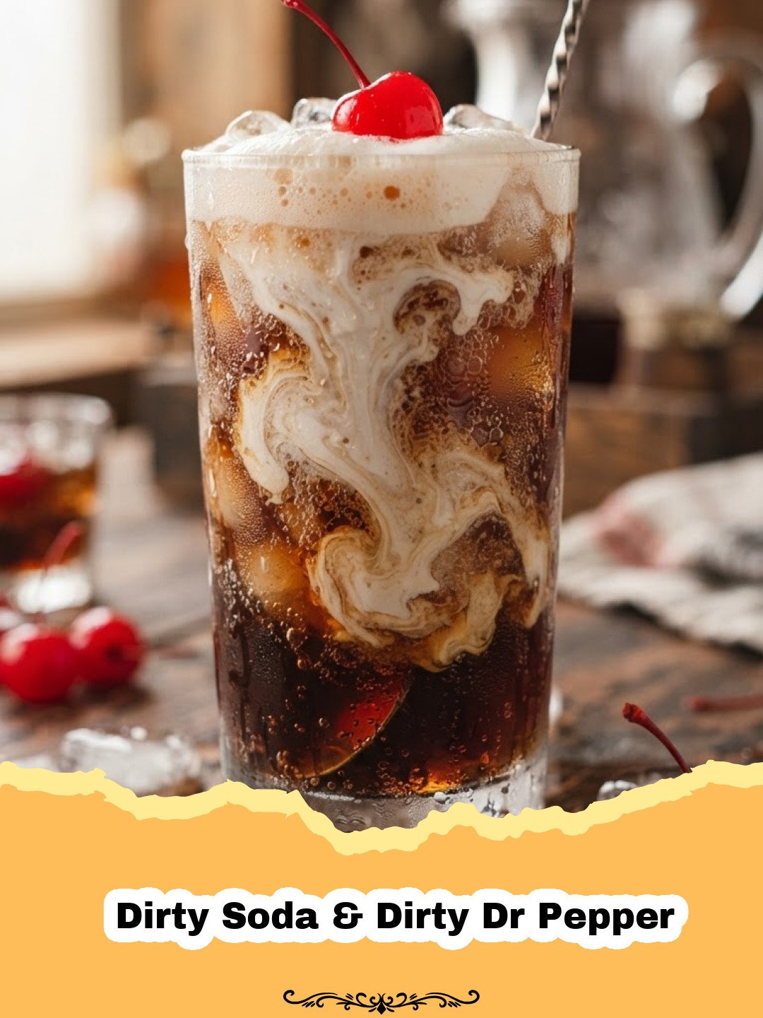 The Ultimate Guide to Making the Viral Dirty Soda & Dirty Dr Pepper at Home 3 Dirty Soda & Dirty Dr Pepper - A tall glass filled with ice, Dr Pepper, coconut creamer creating a 'dirty' swirl, and a lime wedge on the rim, on a light background.