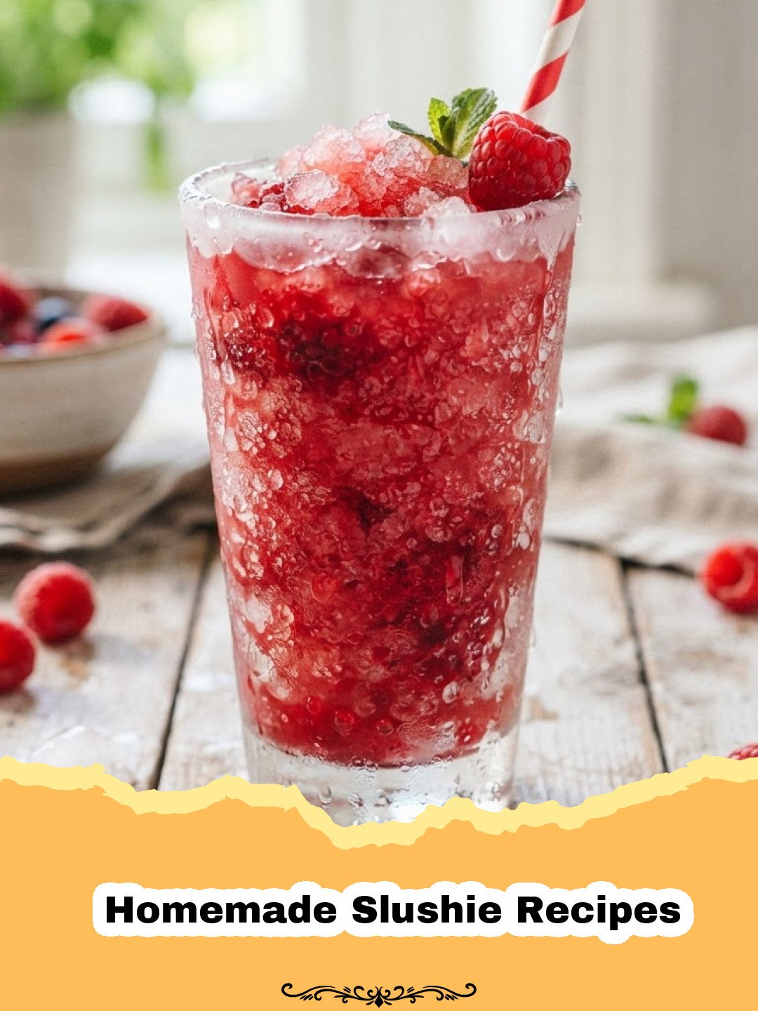 Homemade Slushie Recipes - Two vibrant homemade slushies in tall glasses, garnished with fresh fruit, on a bright summer background.