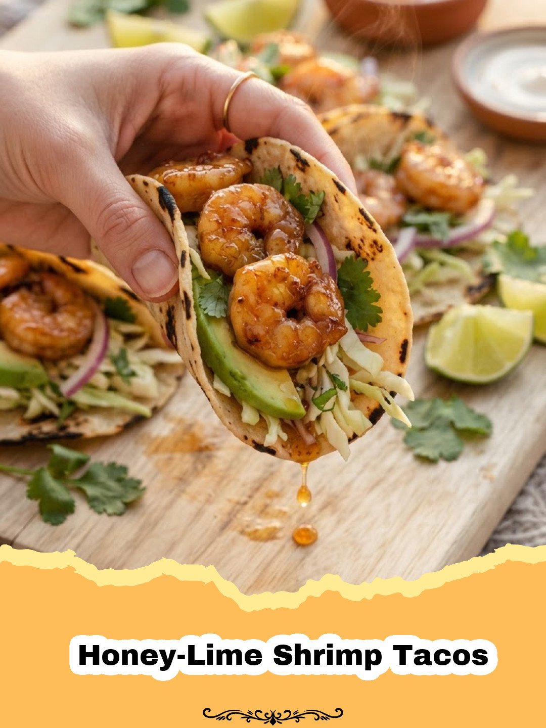 Zesty & Sweet: The Ultimate Honey-Lime Shrimp Tacos for a Flavorful Fiesta! 3 Close-up of Honey-Lime Shrimp Tacos with fresh toppings like avocado, cabbage, and cilantro.