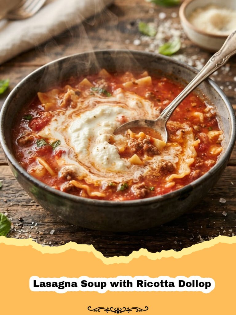 A steaming bowl of Lasagna Soup with Ricotta Dollop, garnished with fresh herbs and Parmesan, ready to eat.