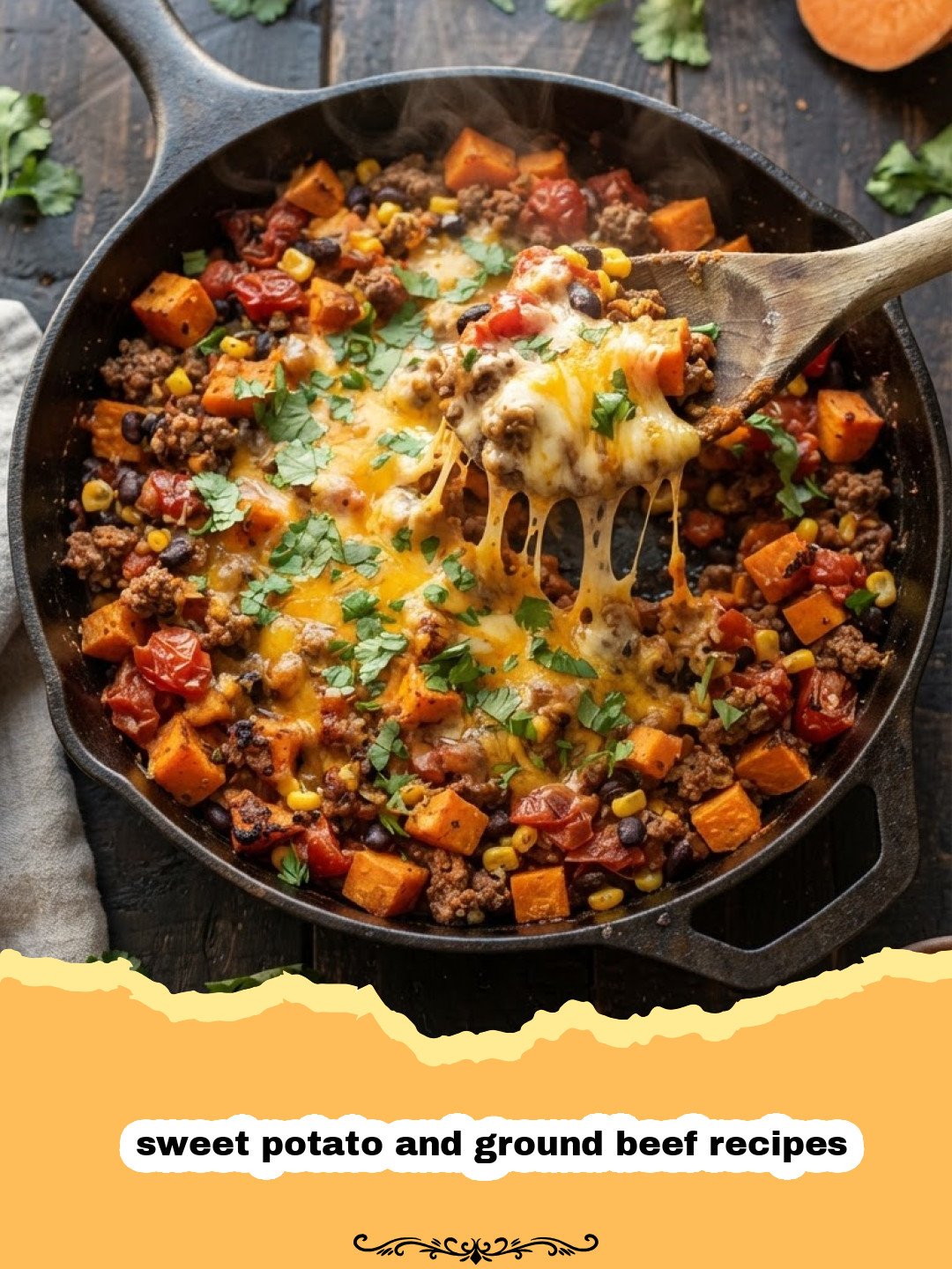 Hearty & Healthy One-Pan Sweet Potato and Ground Beef Skillet 3 sweet potato and ground beef recipes - One-pan skillet meal with ground beef and diced sweet potatoes, garnished with fresh cilantro