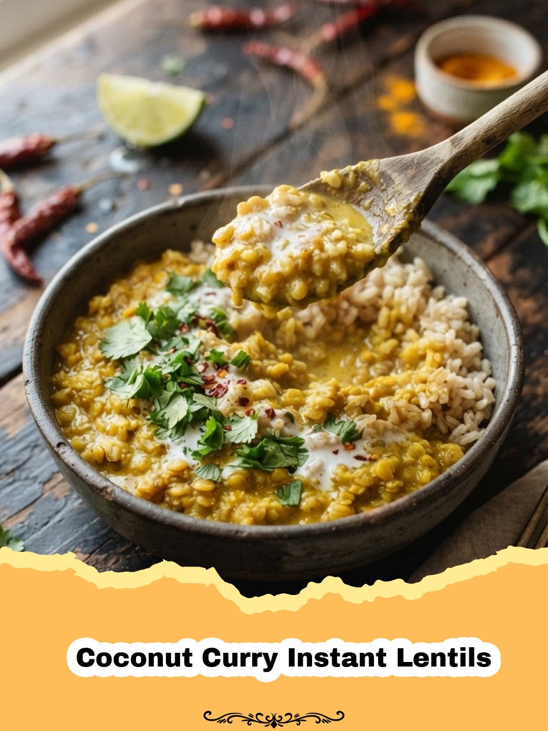 A vibrant bowl of creamy Coconut Curry Instant Lentils garnished with fresh cilantro and a lime wedge.