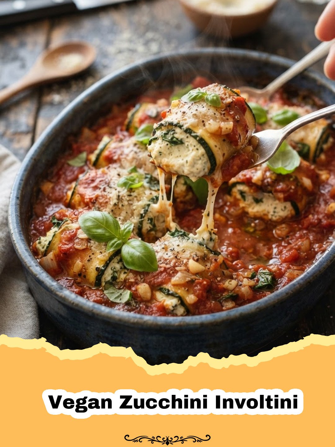 Embrace Summer Flavors: The Ultimate Vegan Zucchini Involtini with Cashew Ricotta 3 Close-up of golden-brown Vegan Zucchini Involtini with cashew ricotta, baked in a rich red marinara sauce, garnished with fresh basil in a white baking dish.