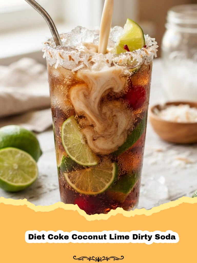 The Ultimate Refreshment: Diet Coke Coconut Lime Dirty Soda You'll Crave! 5 A refreshing glass of Diet Coke Coconut Lime Dirty Soda with ice and a lime wedge.