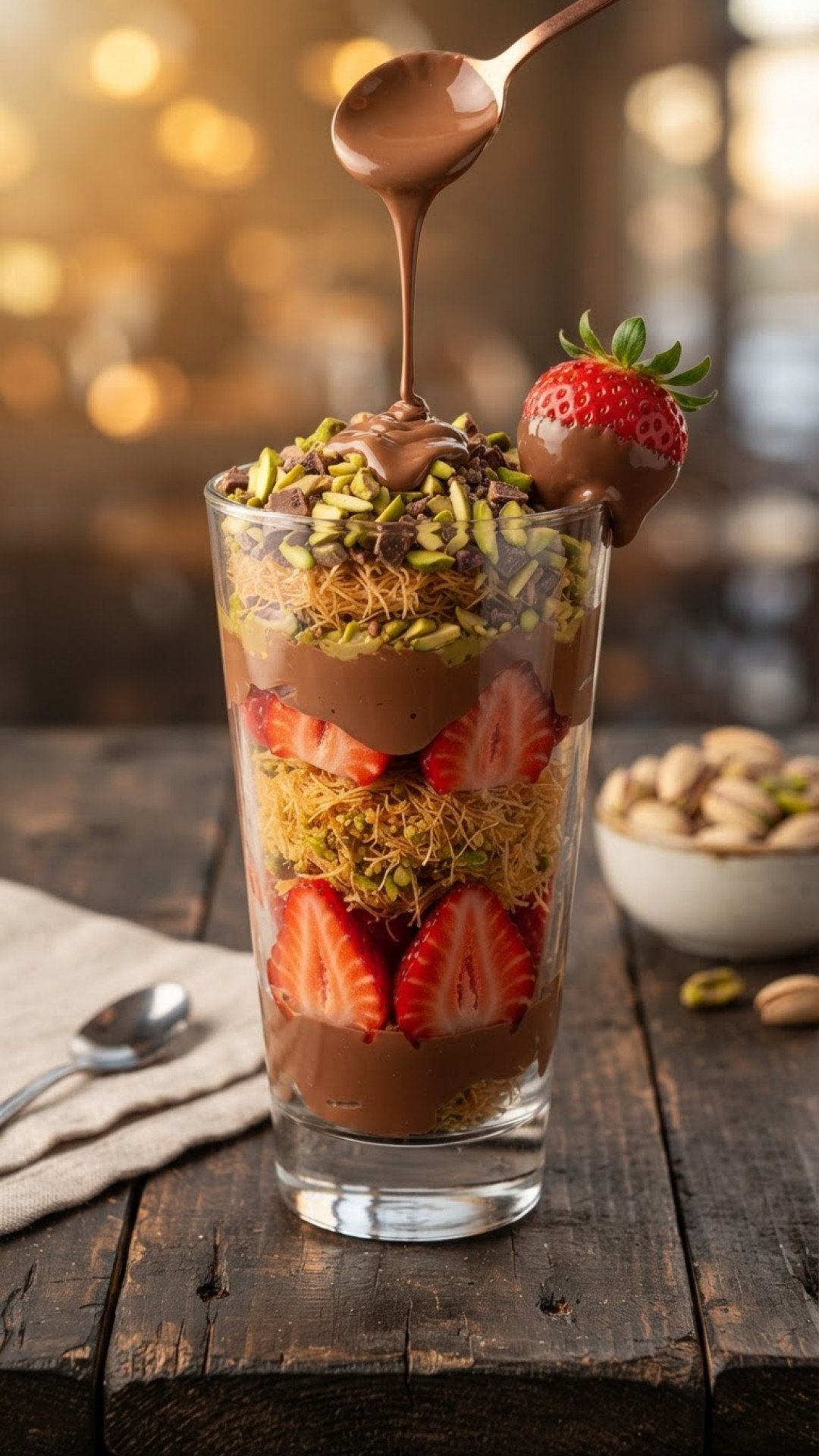 Dubai Chocolate Strawberry Cup Preparation