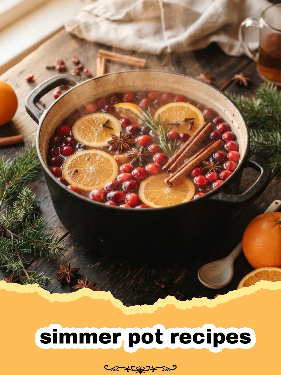 The Ultimate Guide to Enchanting Simmer Pot Recipes for a Cozy Home 3 simmer pot recipes - A festive simmer pot with sliced oranges, cinnamon sticks, whole cloves, and cranberries gently bubbling on a stovetop, filling the air with warm aromas.