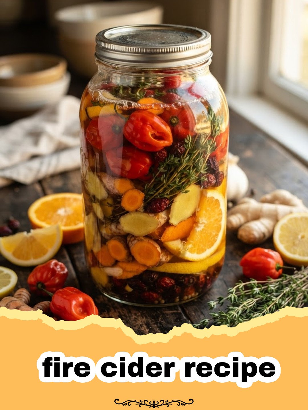 The Ultimate Homemade Fire Cider Recipe: Your Immune-Boosting Elixir 3 fire cider recipe - A glass jar filled with sliced and grated ingredients like ginger, turmeric, horseradish, garlic, onion, and lemon, submerged in apple cider vinegar, infusing to become fire cider.