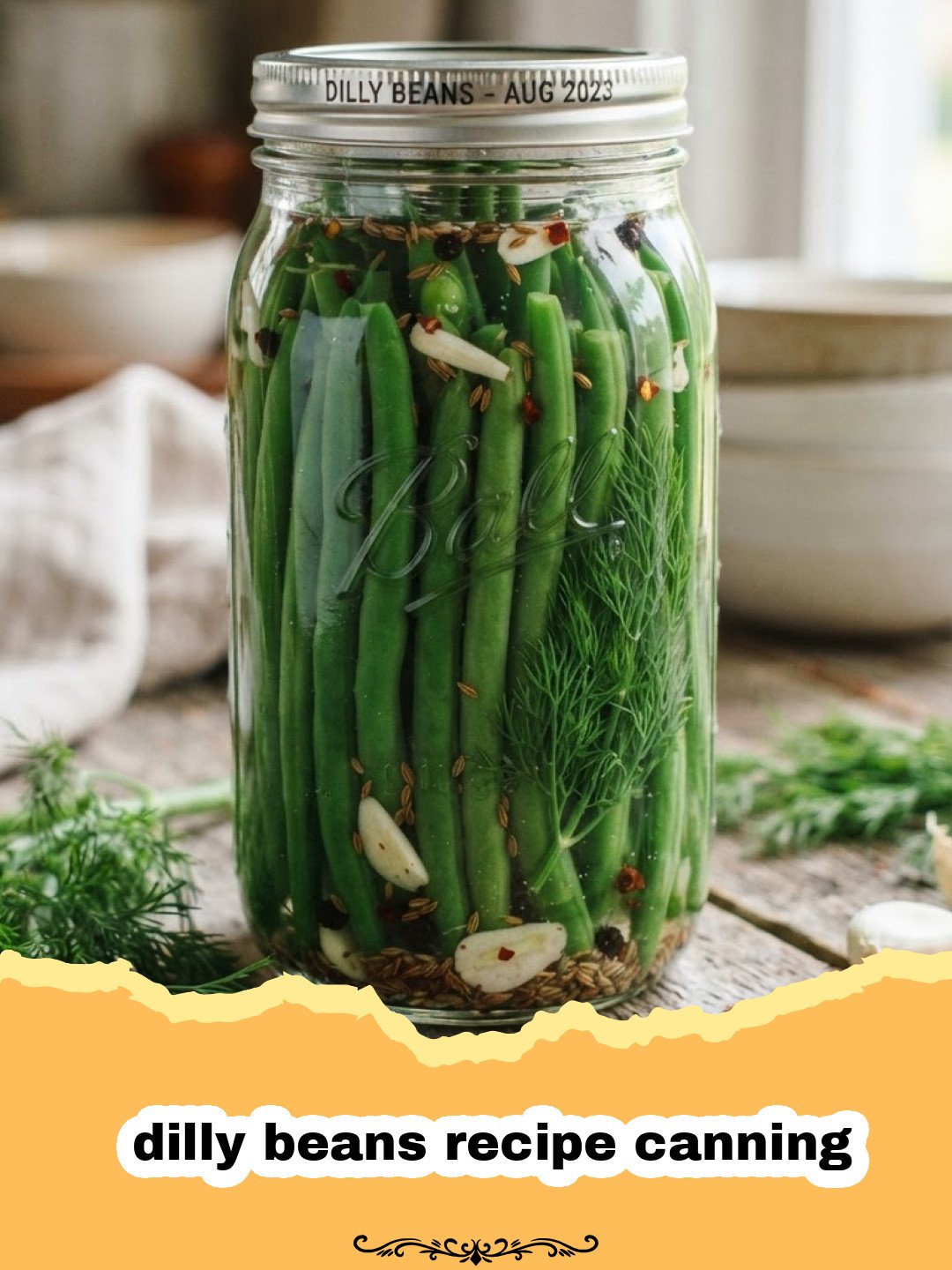 dilly beans recipe canning - Several jars of pickled dilly beans on a wooden counter