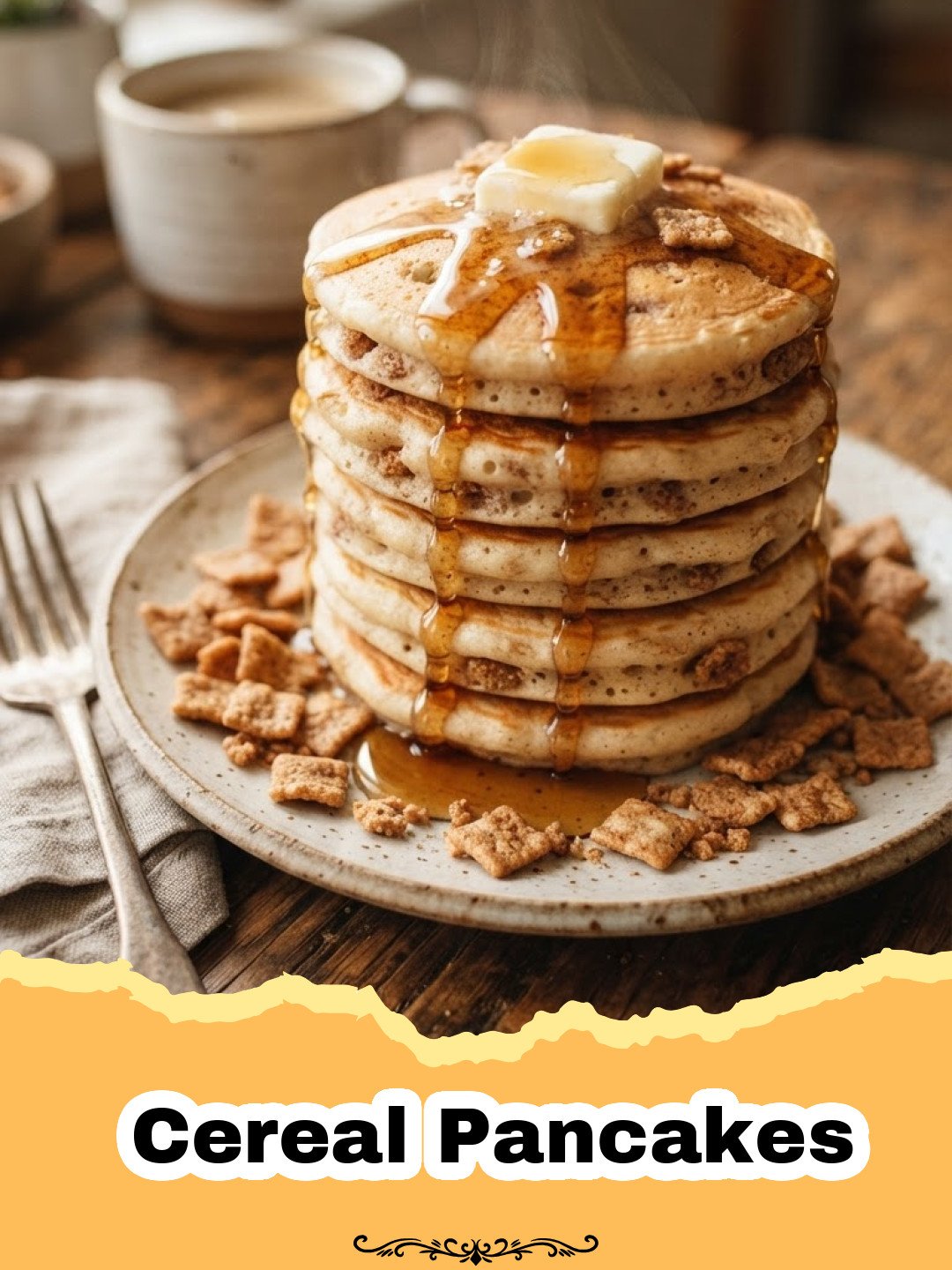 Cereal Pancakes - A bowl filled with dozens of tiny golden-brown cereal pancakes with a drizzle of syrup and a splash of milk.