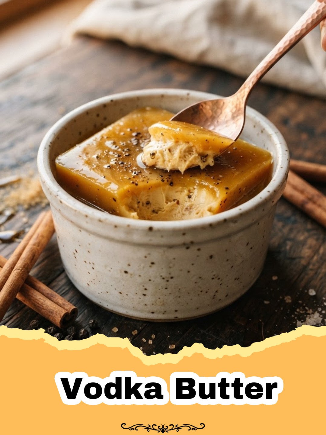 Unlock the Secret: How to Make Gourmet Vodka Butter at Home 3 Homemade Vodka Butter in a small ramekin with a knife on a wooden board, garnished with fresh herbs, next to a slice of artisan bread.
