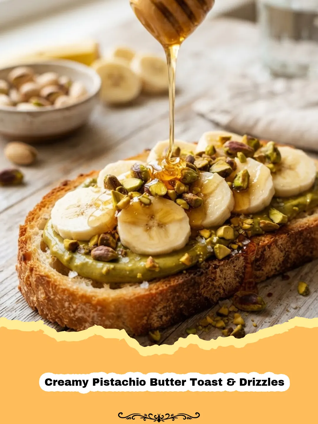 Dreamy Delights: Creamy Pistachio Butter Toast & Drizzles 3 Two slices of Creamy Pistachio Butter Toast & Drizzles on a wooden board, garnished with chopped pistachios and a honey drizzle.