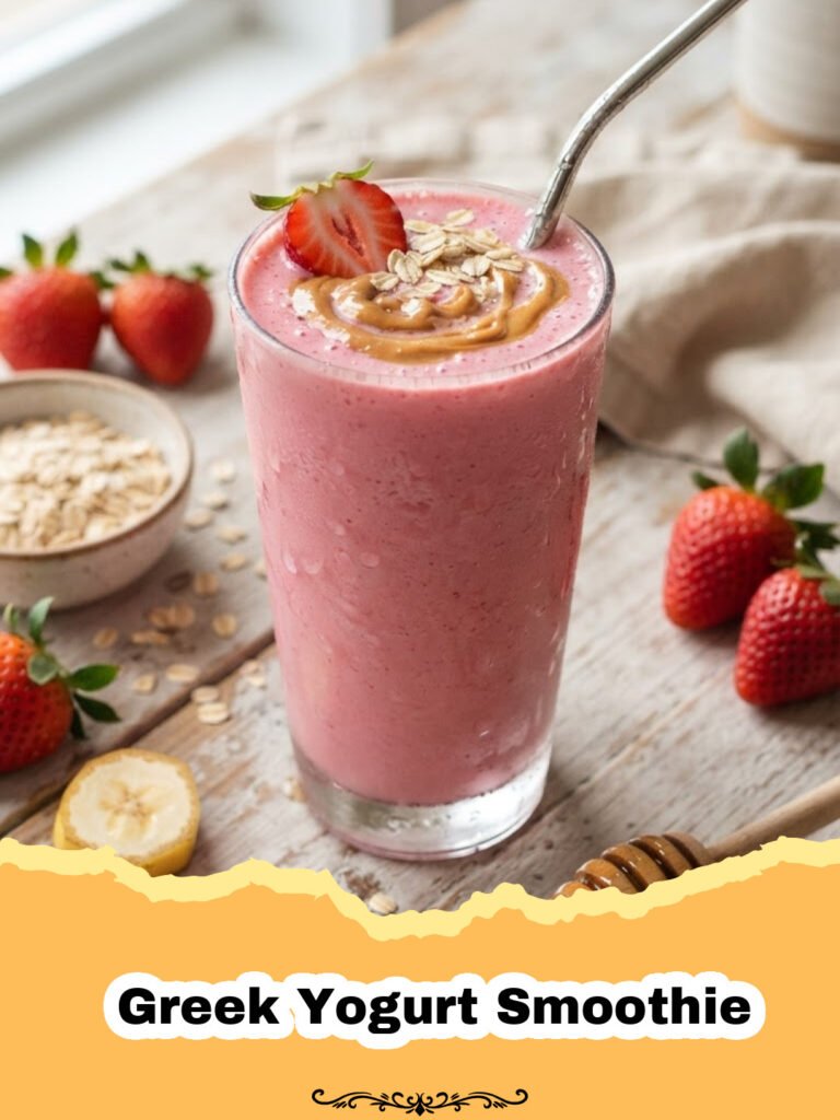 A vibrant purple Greek Yogurt Smoothie in a tall glass, garnished with fresh berries and a mint sprig.