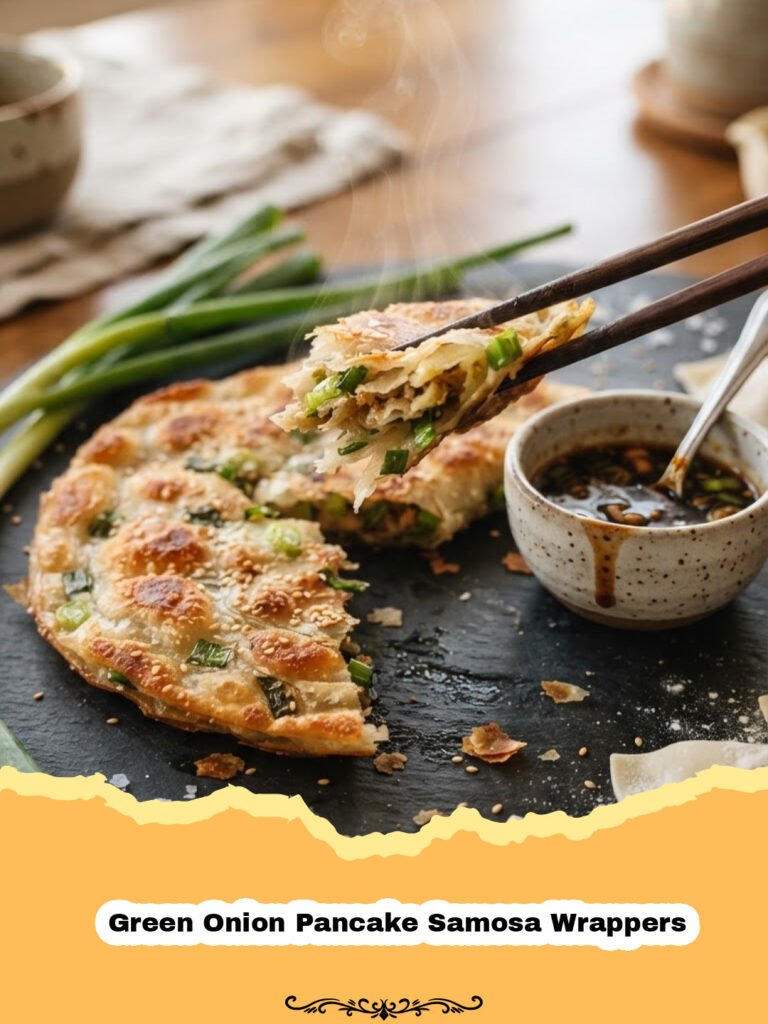 Crispy Green Onion Pancake Samosa Wrappers stacked on a plate with chutney.