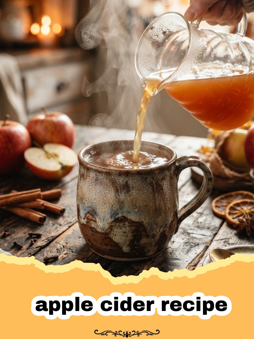 apple cider recipe - A steaming mug of homemade apple cider garnished with a cinnamon stick and orange slice, surrounded by fall leaves and fresh apples.