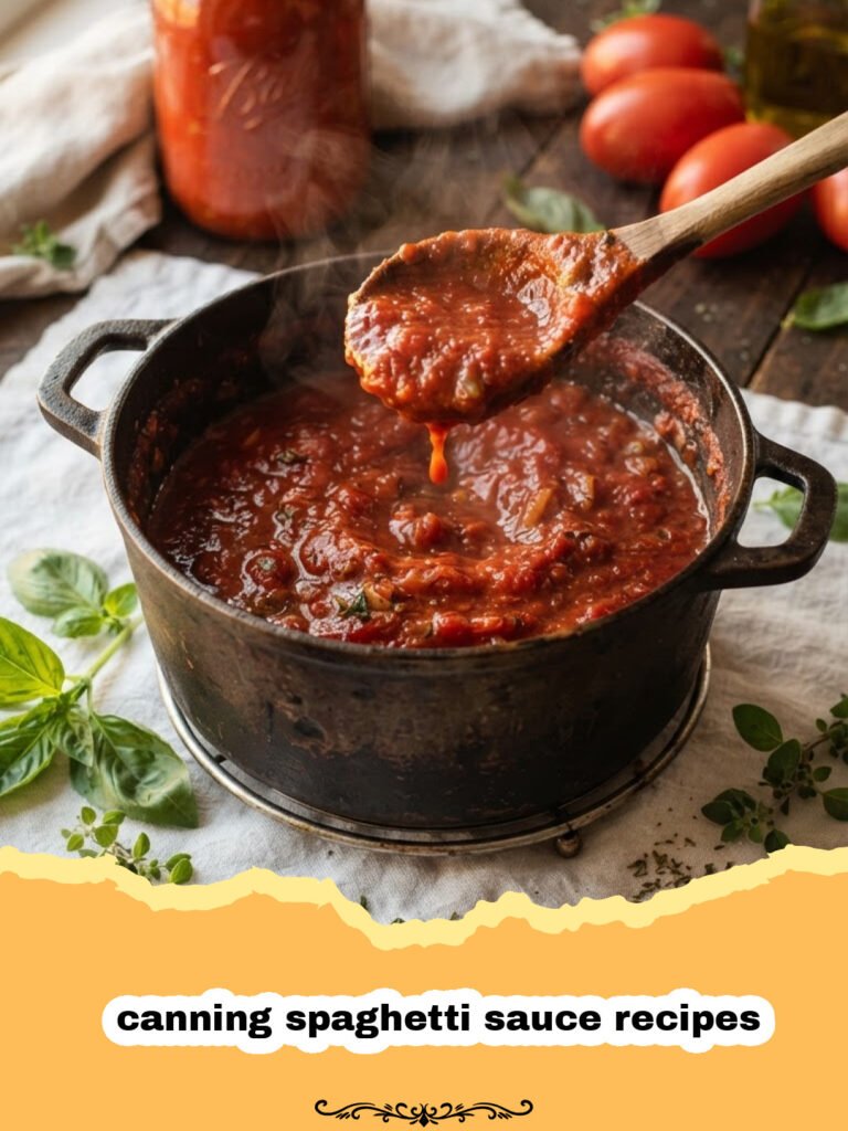 The Ultimate Guide to Canning Homemade Spaghetti Sauce: Preserve Summer's Flavor All Year Round 5 canning spaghetti sauce recipes - Several glass jars of homemade canned spaghetti sauce on a rustic wooden table, with fresh tomatoes and herbs in the background.