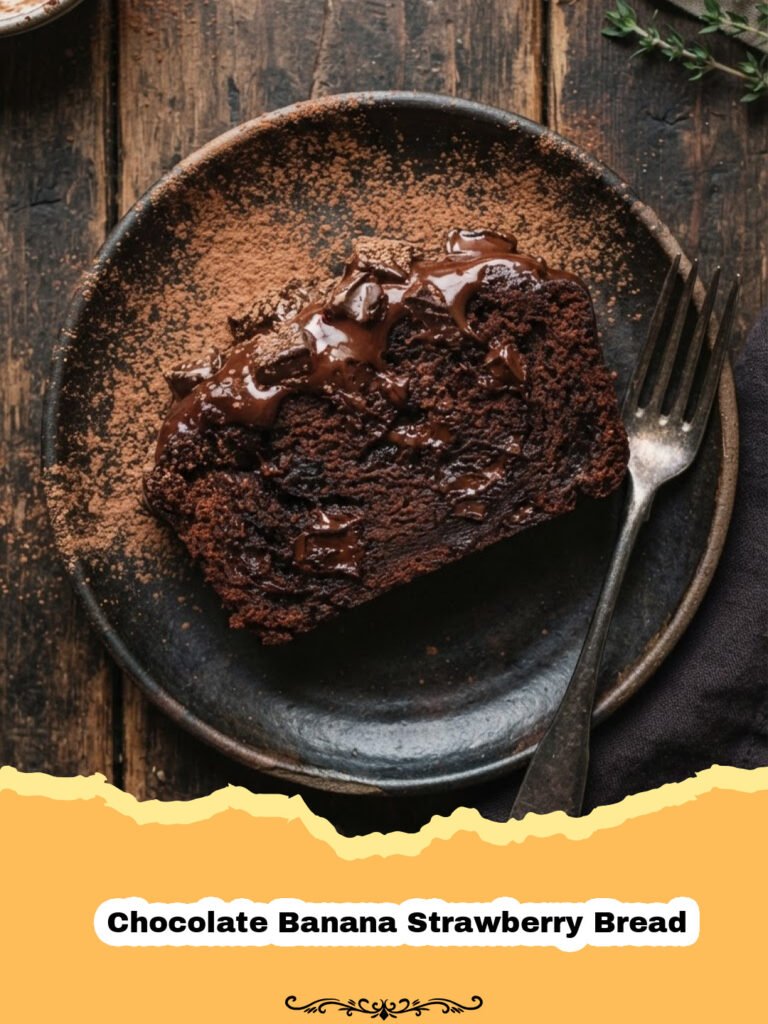 A thick slice of Chocolate Banana Strawberry Bread showing melted chocolate and red strawberry pieces.