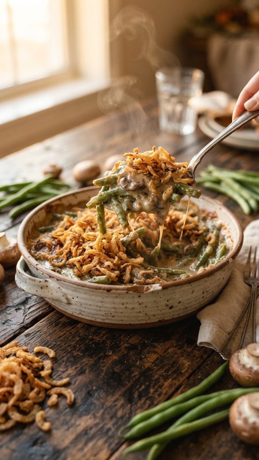 Homemade Creamy Green Bean Casserole with Crispy Onions Preparation