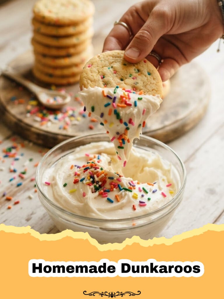 Nostalgic Delight: The Ultimate Homemade Dunkaroos Recipe 5 Homemade Dunkaroos with vanilla cookies and funfetti frosting on a blue plate, ready for dipping