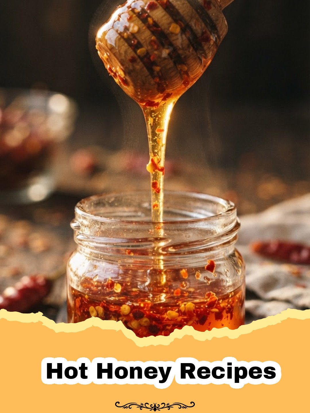 Unlock the Sweet Heat: Homemade Hot Honey & Creative Recipes 3 Hot Honey Recipes - A glass jar filled with golden hot honey, infused with red chili flakes, next to a spoon drizzling it.