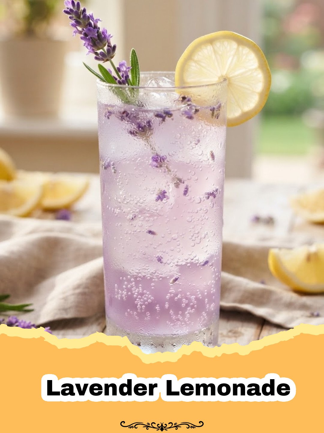 Refreshing glass of homemade Lavender Lemonade with ice, lemon slices, and a sprig of fresh lavender on a sunny outdoor table.
