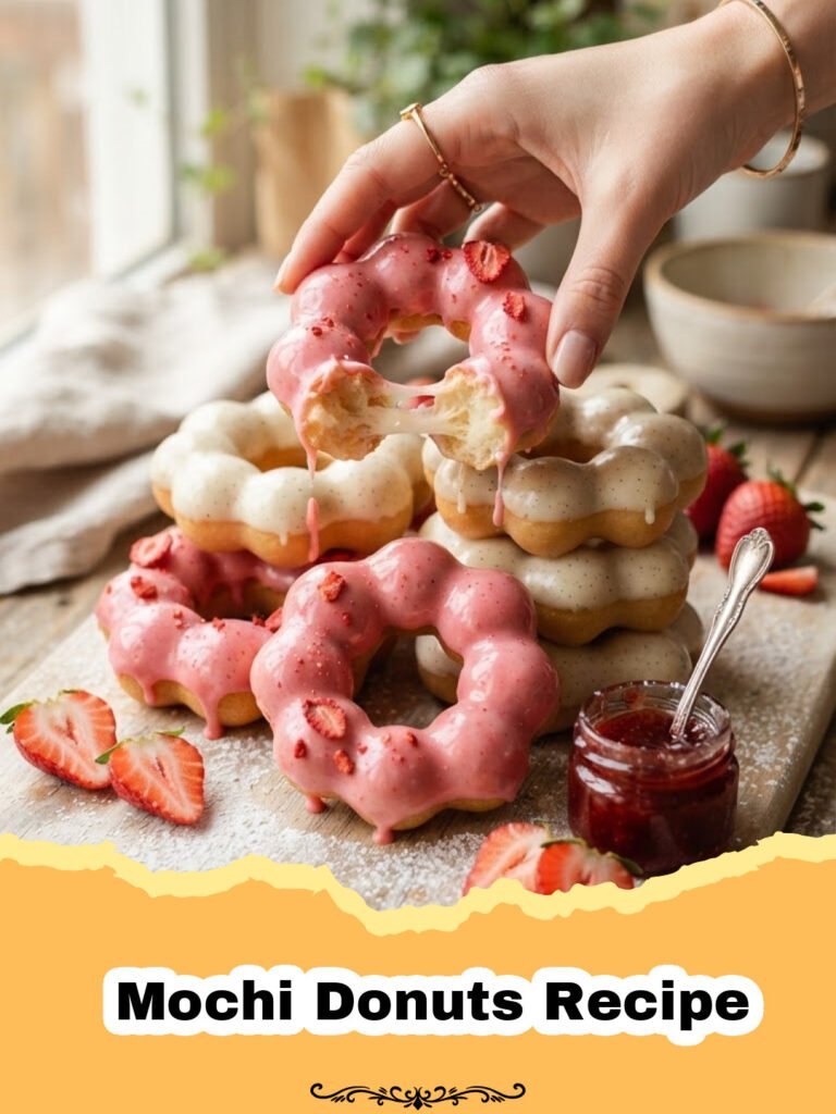 Mochi Donuts Recipe - A plate of freshly fried and glazed mochi donuts, some with chocolate drizzle and some with matcha glaze, showcasing their signature bouncy texture.