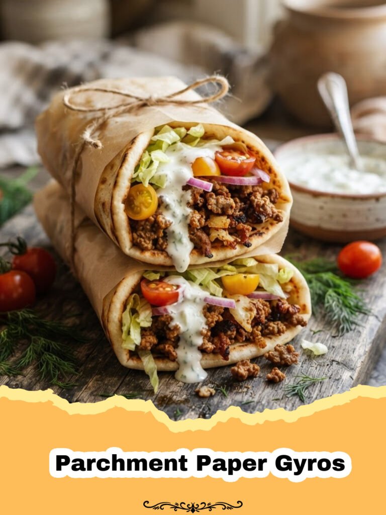 Parchment Paper Gyros - Close-up of a perfectly assembled Parchment Paper Gyro with tender meat, fresh toppings, and creamy tzatziki.