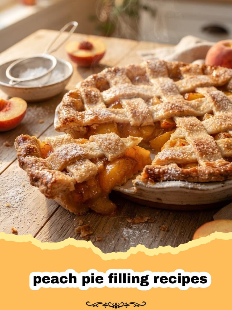 peach pie filling recipes - A close-up of golden homemade peach pie filling in a ceramic bowl, with cinnamon sticks and fresh peach slices nearby.