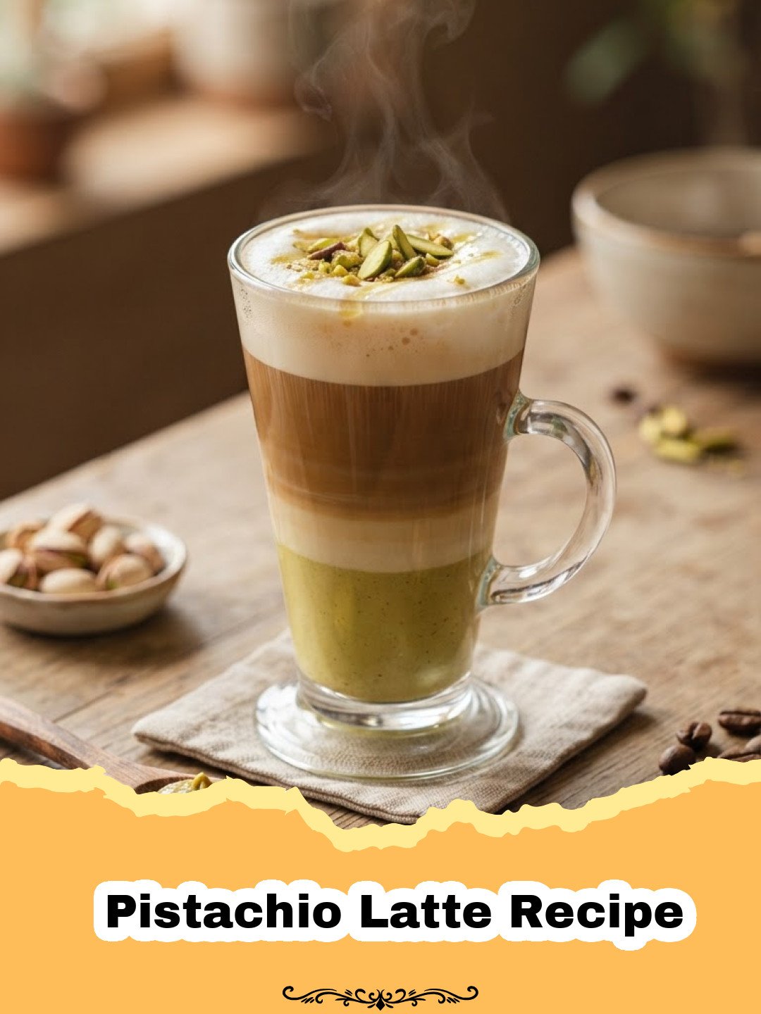 Pistachio Latte Recipe - A close-up shot of a creamy homemade Pistachio Latte in a clear glass mug, topped with frothed milk and crushed pistachios. The latte has a subtle green hue.