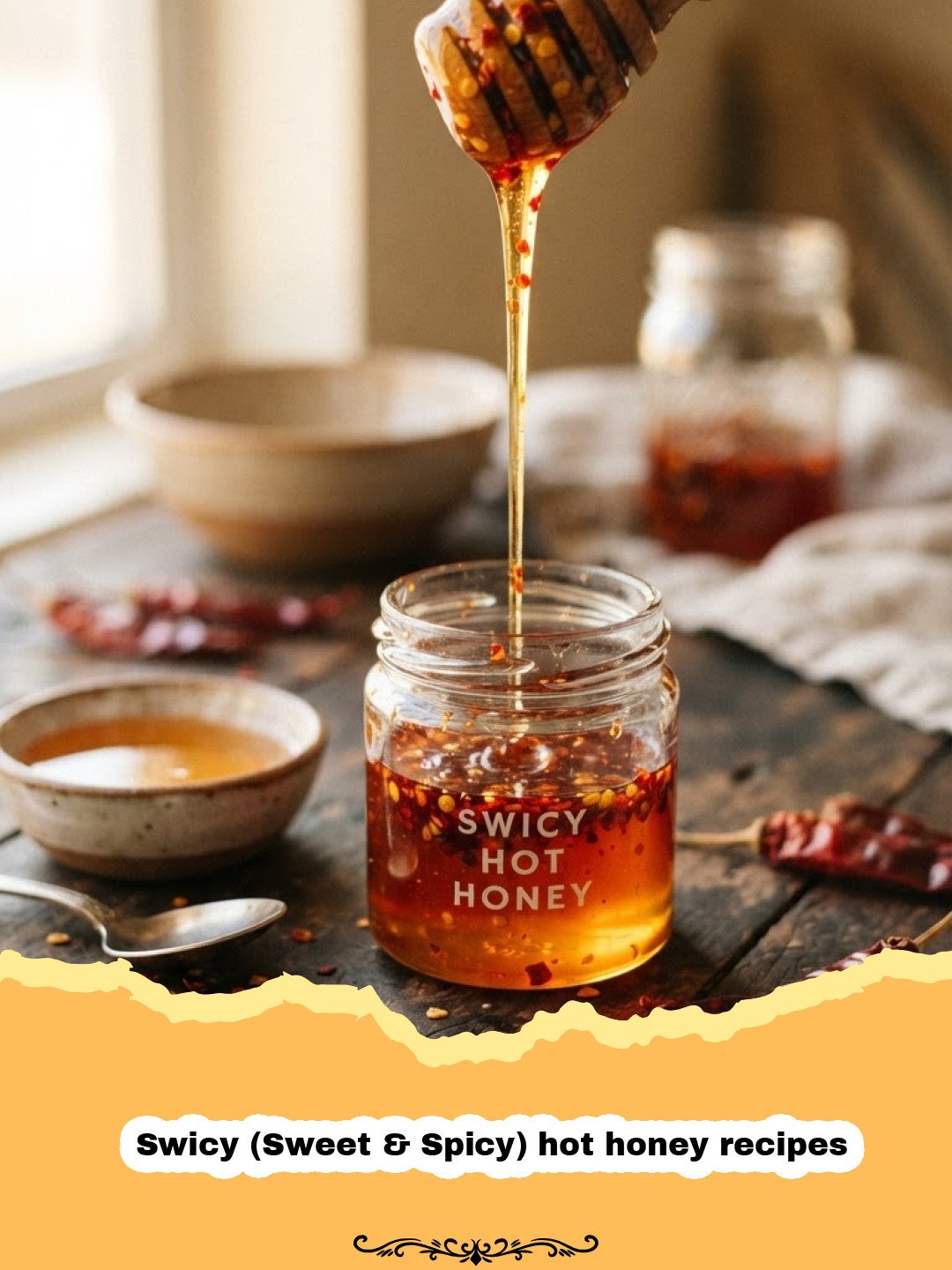 Unlocking the Flavor Revolution: Your Guide to Swicy Hot Honey Delights 3 Swicy (Sweet & Spicy) hot honey recipes - A clear glass jar filled with golden Swicy hot honey, infused with red chili flakes, next to a wooden honey dipper.