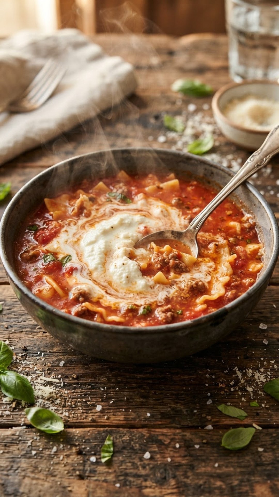 Lasagna Soup with Ricotta Dollop Preparation