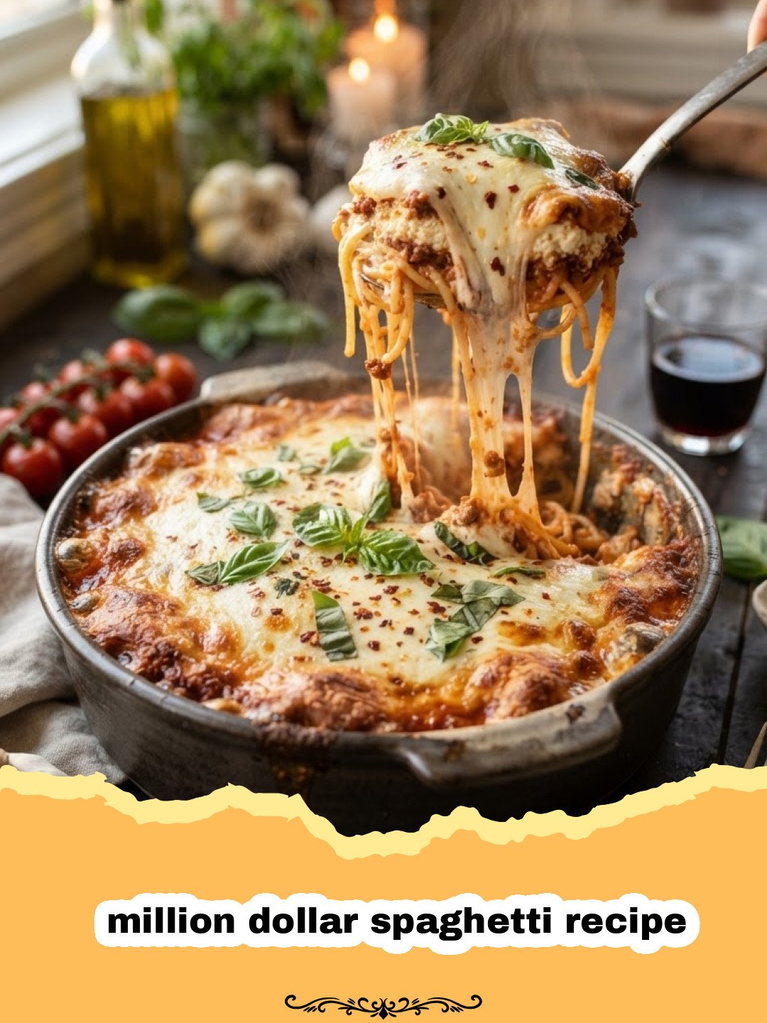 Million Dollar Spaghetti: The Ultimate Baked Comfort Food Recipe 3 million dollar spaghetti recipe - A golden-brown baked million dollar spaghetti casserole in a baking dish, with a slice removed showing layers of pasta, creamy cheese, and rich meat sauce.