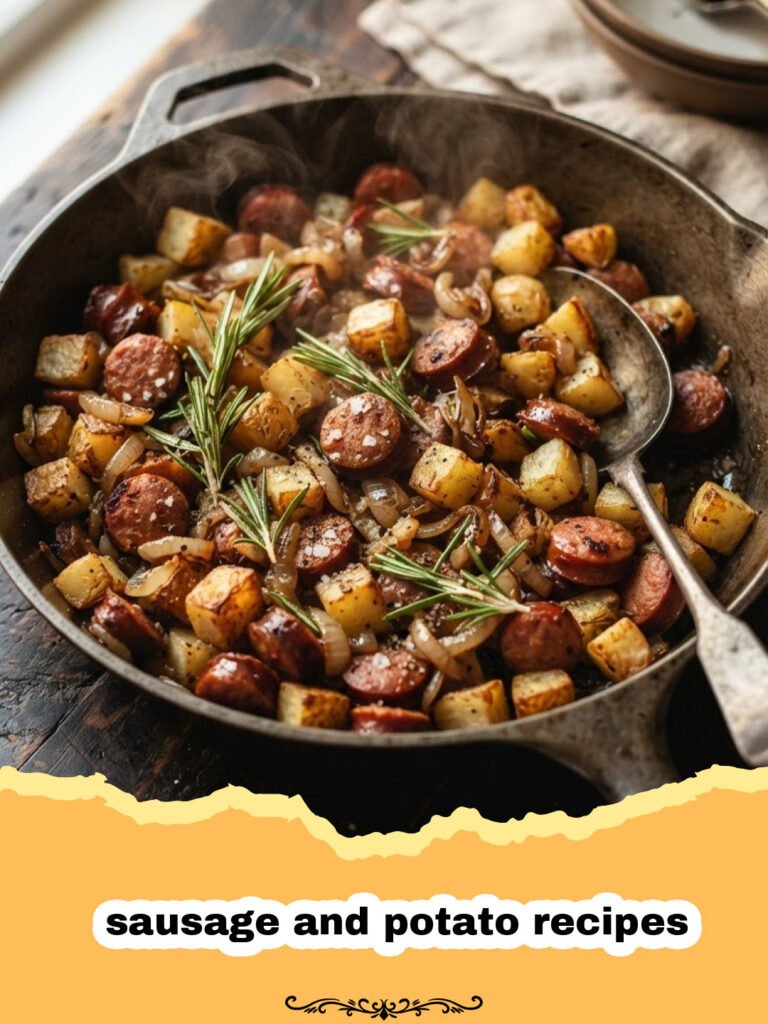 sausage and potato recipes - A delicious one-pan sausage and potato bake with colorful vegetables, ready to eat.
