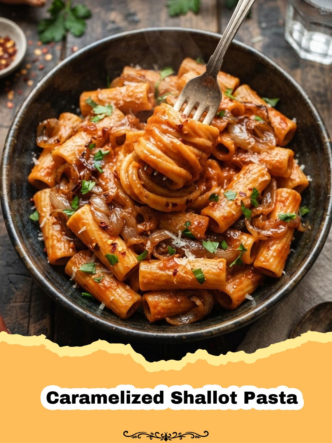 Caramelized Shallot Pasta: The Ultimate Guide to Jammy, Savory Perfection 3 A close-up shot of glossy Caramelized Shallot Pasta in a bowl topped with parsley and parmesan cheese.