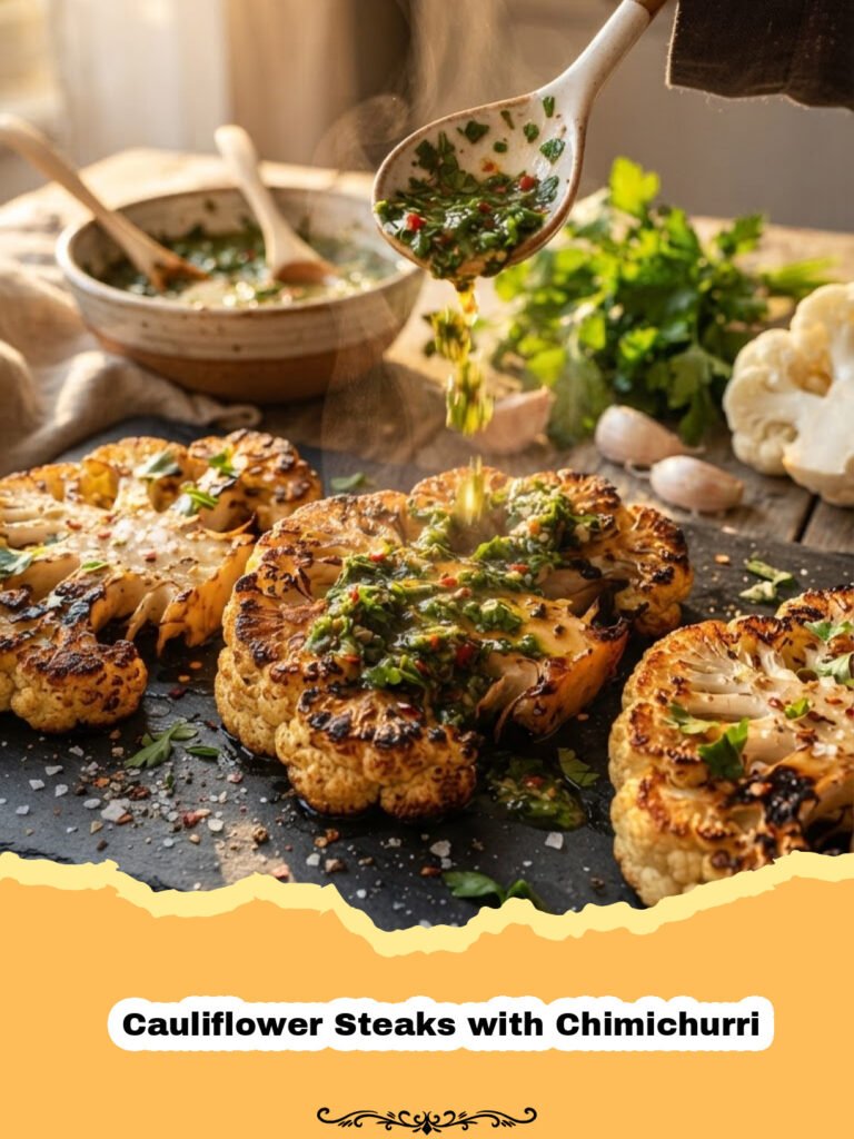 The Ultimate Guide to Perfectly Roasted Cauliflower Steaks with Zesty Chimichurri 5 Cauliflower Steaks with Chimichurri - Roasted Cauliflower Steaks with vibrant green chimichurri sauce on a white plate.