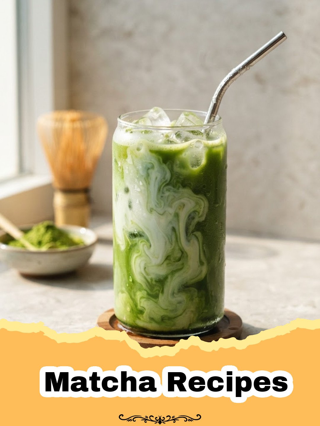 Matcha Recipes - A frothy green matcha latte in a ceramic mug on a wooden table.