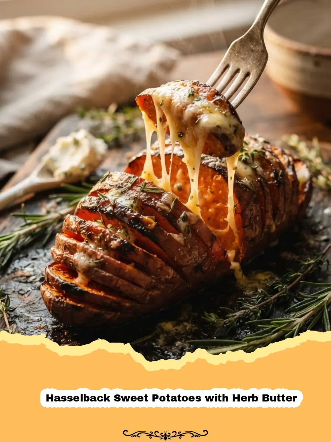 Golden-brown Hasselback Sweet Potatoes with Herb Butter garnished with fresh parsley.