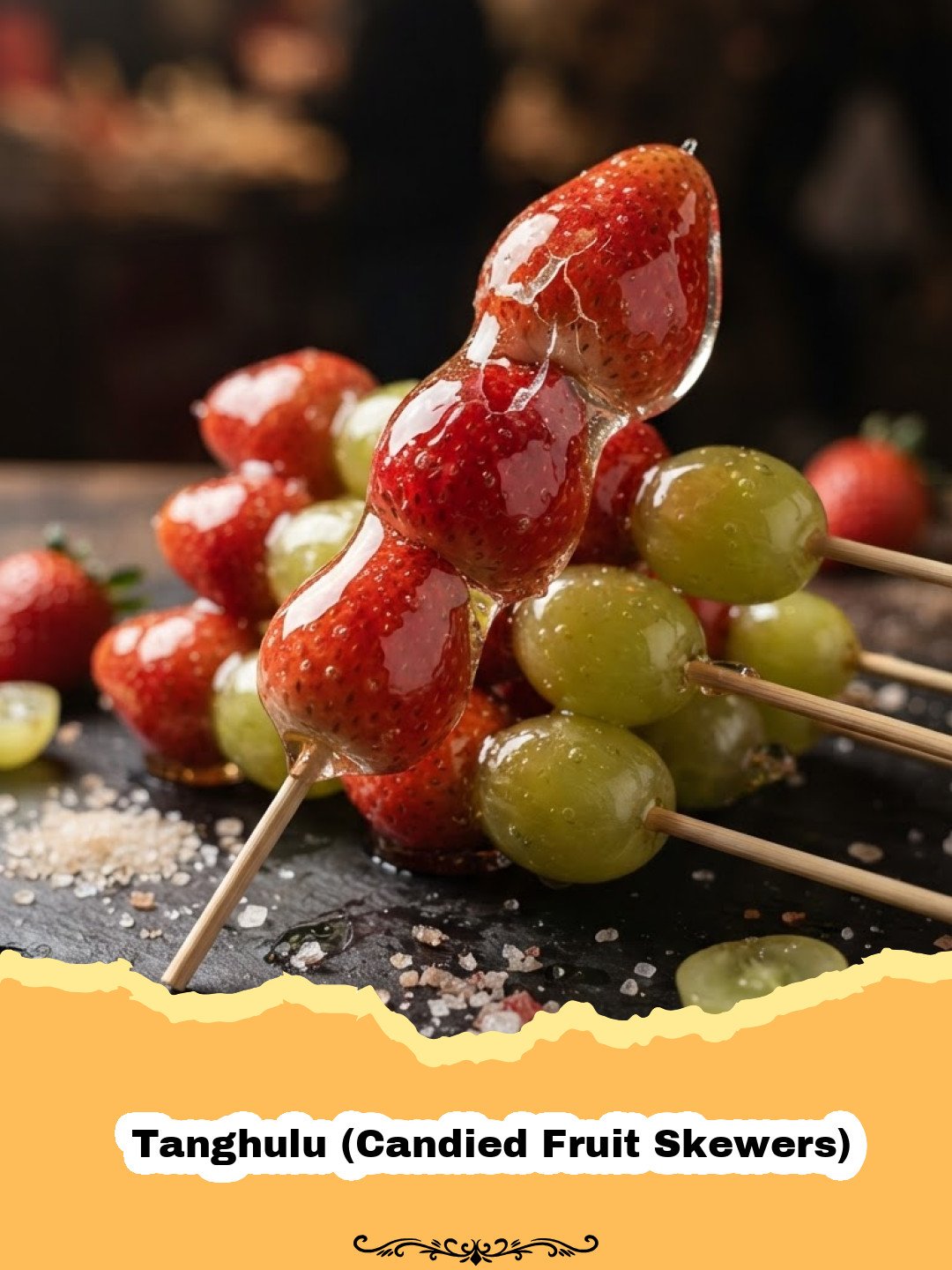 Close-up of Tanghulu (Candied Fruit Skewers) with glistening, crystal-clear candy coating on strawberries and grapes