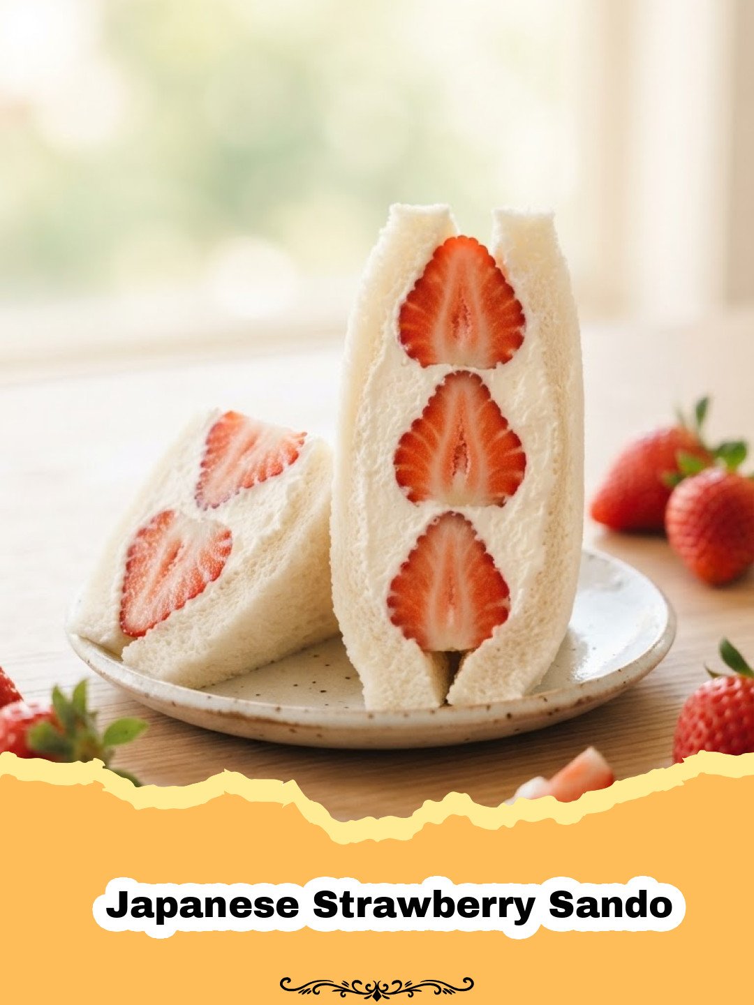 The Dreamy Japanese Strawberry Sando: A Sweet & Simple Delicacy 3 Two perfectly sliced Japanese Strawberry Sando halves revealing bright red strawberries and fluffy white cream