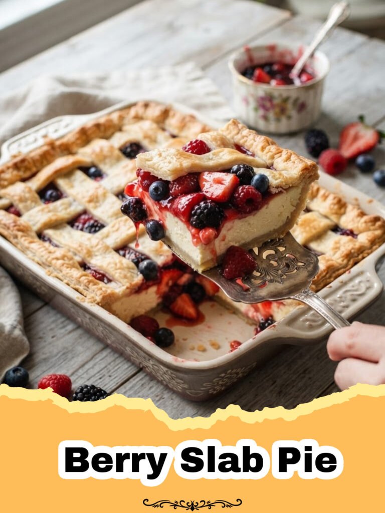 A golden, flaky Berry Slab Pie with a lattice top, bursting with mixed berries, served on a rustic wooden board.