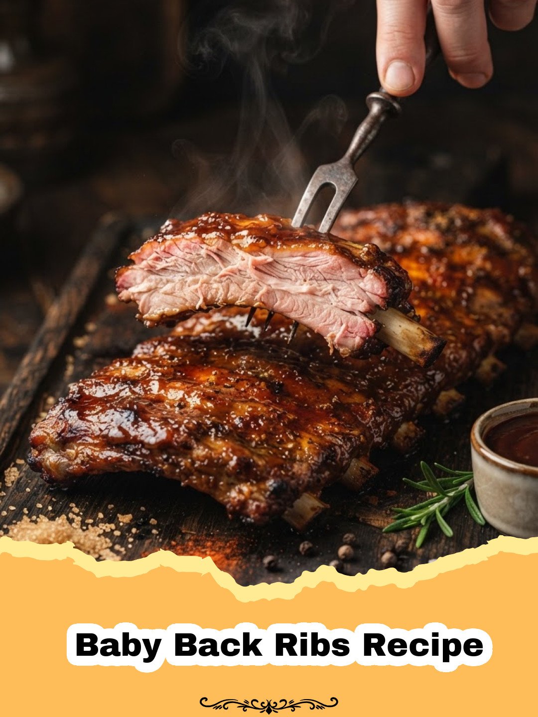 Baby Back Ribs Recipe - Oven-baked baby back ribs coated in sticky BBQ sauce, garnished with fresh parsley on a wooden cutting board with corn on the cob.