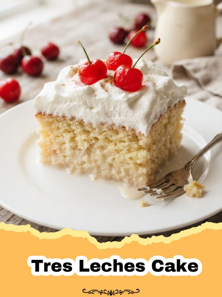 Divine Tres Leches Cake: A Taste of Latin American Heaven 5 A perfectly moist slice of Tres Leches Cake topped with fresh berries and whipped cream.