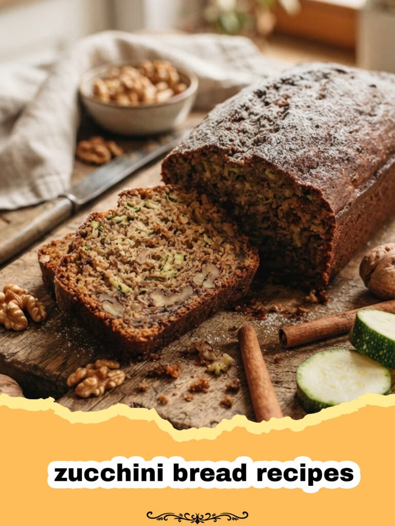 zucchini bread recipes - A moist slice of homemade zucchini bread on a cutting board, with the full loaf in the background.