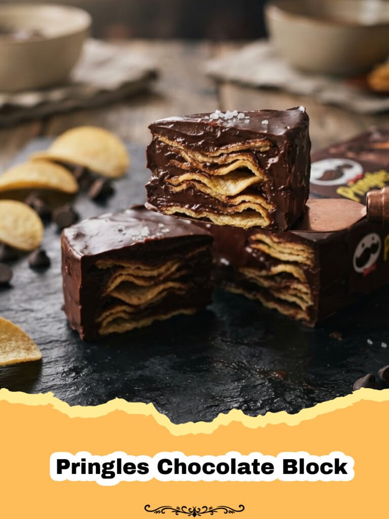 A close-up shot of a homemade Pringles Chocolate Block with a few pieces broken off, showcasing the layers of chocolate and crispy Pringles, sprinkled with flaky sea salt.